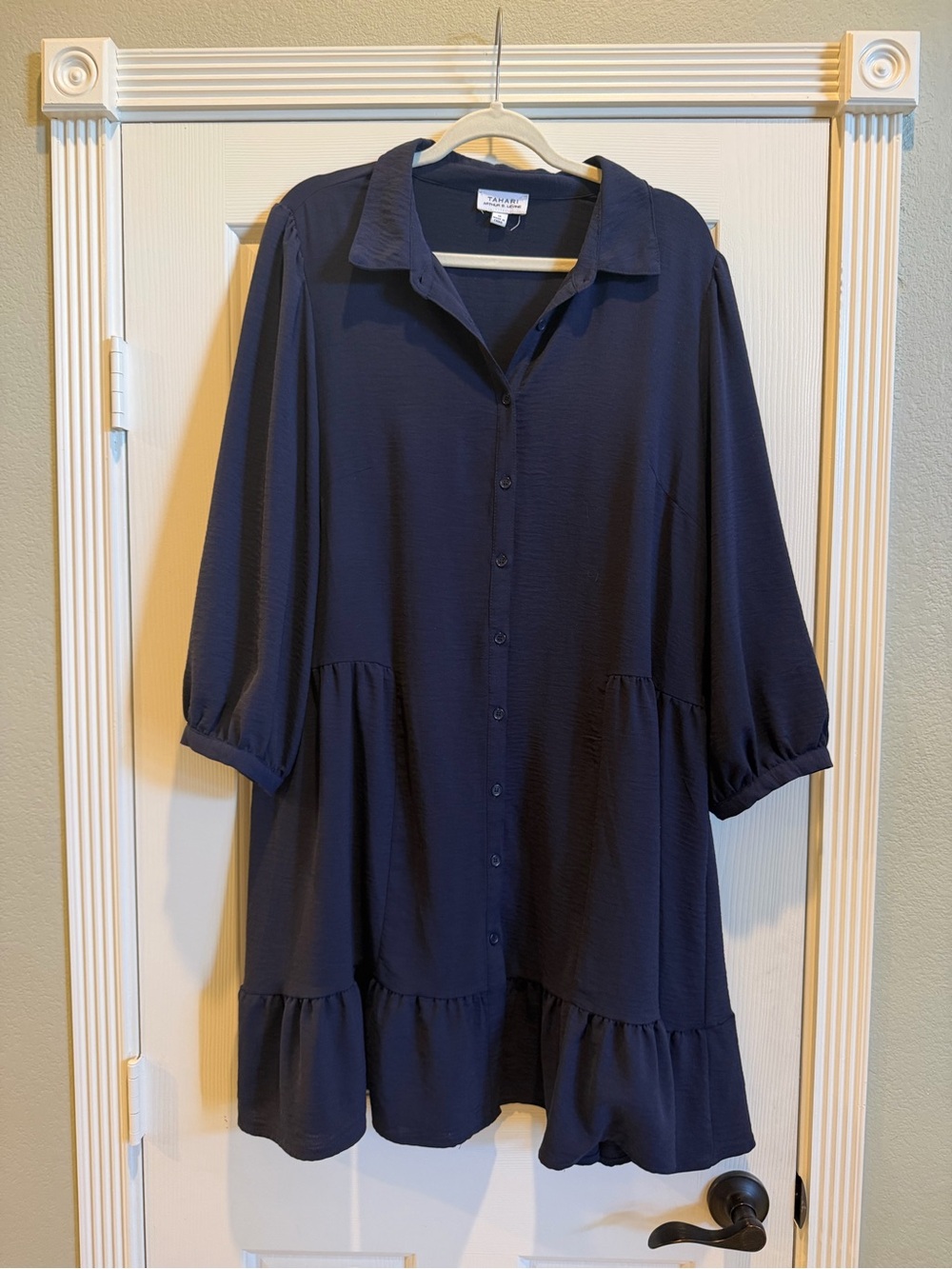 Tahari Navy Long-Sleeve Tiered Shirt Dress